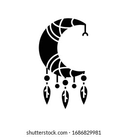 Crescent and feathers amulet in boho style black glyph icon. Native American Indian mystic symbol. Dreamcatcher with moon talisman. Silhouette symbol on white space. Vector isolated illustration