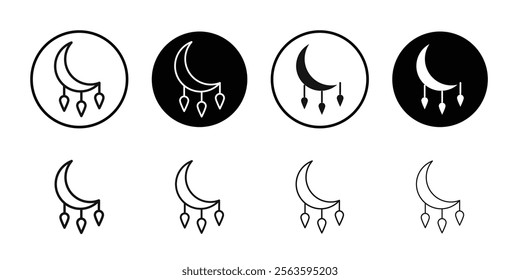 Crescent and feathers amulet icon Flat outline fill set collection