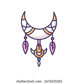 Crescent and feathers in boho style RGB color icon. Native American Indian mystic symbol. Dreamcatcher with moon talisman. Bohemian vintage accessory. Ethnic decoration. Isolated vector illustration
