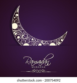 Crescent floral decorated moon on purple background for holy month of Muslim community Ramadan Kareem. 