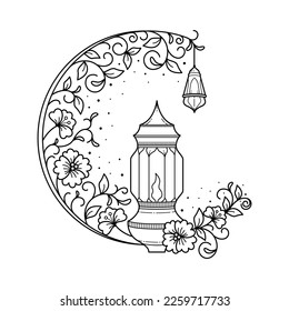 Crescent floral ornamental with lantern doodle hand drawn great for ramadan kareem greeting card