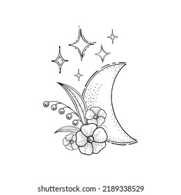 Crescent with flowers. Bohemian moon star. Ancient amulet in boho style. Hand drawn vector illustration.