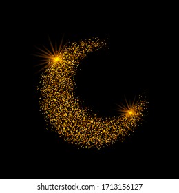 Crescent golden glitter moon on shiny black background for holy month of Muslim community Ramadan Kareem. Eid Mubarak glitter holiday design with glowing lights. Luxury gold crescent with confetti