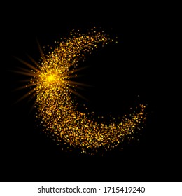 Crescent golden glitter moon on shiny black background for holy month of Muslim community Ramadan Kareem. Eid Mubarak glitter holiday design with glowing lights. Luxury gold crescent with confetti