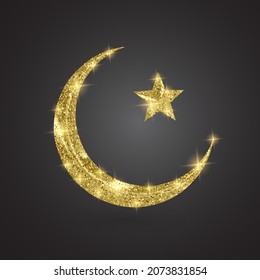 Creciente luna dorada brillante en el fondo negro para el mes sagrado de la comunidad musulmana Ramadan Kareem. Formato de vector