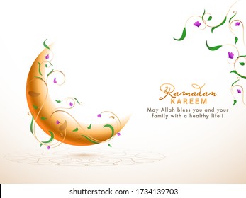 Crescent golden moon decorated with beautiful floral patterns. Islamic holy month of Ramadan Kareem concept.