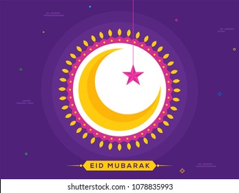 Crescent golden moon, hanging star and light bulbs on purple background. Eid Mubarak celebration concept. Crescent golden moon, hanging star and light bulbs on purple background. Eid Mubarak celebration concept.