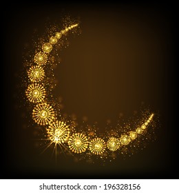 Crescent golden moon on shiny brown background for holy month of muslim community Ramadan Kareem. 