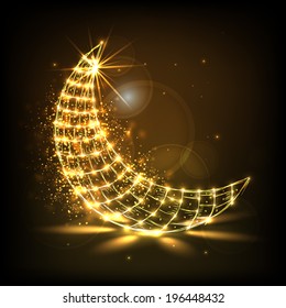 Crescent golden moon on shiny brown background for holy month of muslim community Ramadan Kareem. 