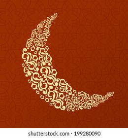 Crescent golden moon on shiny brown background for holy month of Muslim community Ramadan Kareem. 