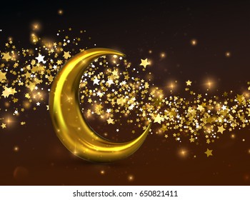 Crescent golden moon with shiny golden wave of glittering sparkles and stars. Vector 3d illustration.