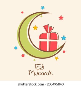 Crescent green moon with orange gift box on colorful stars decorated beige background. 