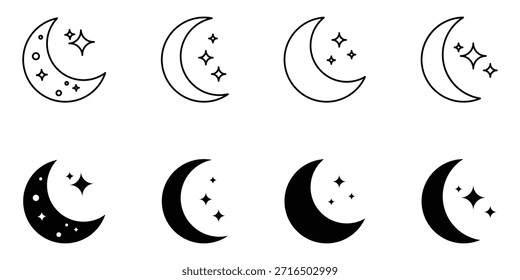 Conjunto de glifos de media luna y símbolo relleno en negro.