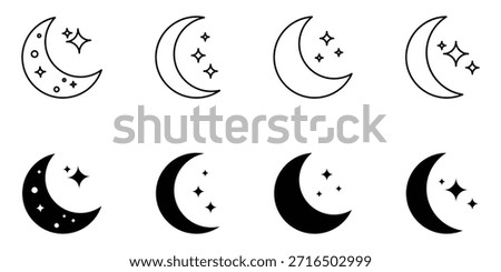 Crescent and Half Moon Glyph and Filled Symbol Set in Black.