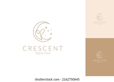 Crescent and heart continuous line logo with sparkling star