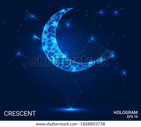 The Crescent Hologram. Crescent of polygons, triangles, points, and lines. Crescent low-poly compound structure. The technology concept.
