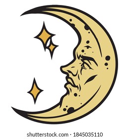 Crescent with human face colorful concept in vintage style isolated vector illustration