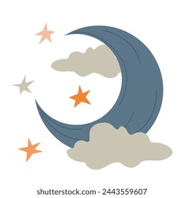 Crescent icon in minimalistic style with clouds and stars. Illustration of half moon isolated on white background. Vector design element for project, banner, invitation.