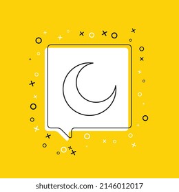 Icono de media luna en burbuja de habla blanca con elementos decorativos sobre un fondo amarillo. Anuncio gráfico moderno con símbolo de línea delgada. Ilustración del vector EPS 10
