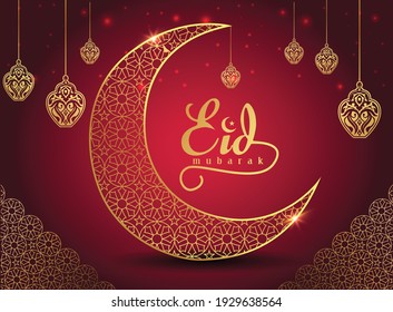 Crescent Islamic with Hanging Lantern for Ramadan Kareem and eid mubarak. Golden Half Moon pattern, red background.vector illustration	