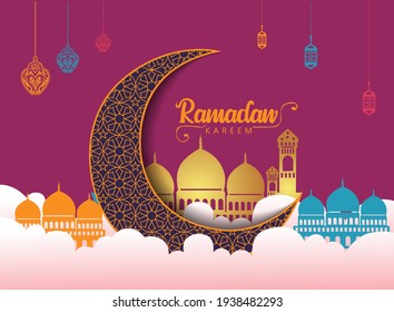 Crescent Islamic Hanging Lanterns And Mosques For Ramadan Kareem And Eid Mubarak. Golden Half Moon Pattern Background. Vector Illustration	