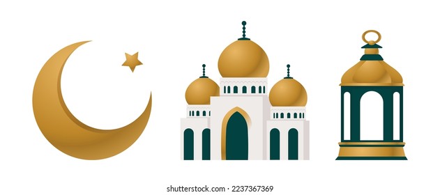 Crescent Islamic, lamp, mosque for Ramadan Kareem and eid mubarak set of icons. Golden Half Moon. Vector illustration isolated on white background