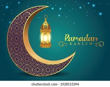 Crescent Islamic with Lantern for Ramadan Kareem. Golden Half Moon, Lamp	