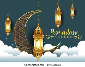 Crescent Islamic with Lantern for Ramadan Kareem. Golden Half Moon, Lamp. vector illustration design