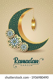 Crescent Islamic with Lantern for Ramadan Kareem. Golden Pattern Half Moon, Lamp - vector illustration design