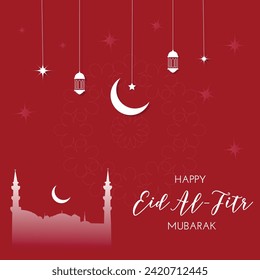 Crescent Islamic with Lanterns and stars for Eid Mubarak, Eid al-Fitr. Ramadan Mubarak card, banner. Golden Half Moon, Lamp, mosque. Vector illustration design