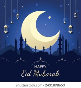Islamischer Halbmond mit Laternen und Sternen für Mubarak, Eid al-Fitr. Ramadan Mubarak Karte, Banner. Goldener Halbmond, Lampe, Moschee. Vektor-Illustrationsdesign