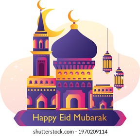 Crescent Islamic with mosque and lamp for Ramadan Kareem and eid mubarak. Golden Half Moon pattern,background.vector illustration