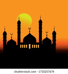 Crescent Islamic with mosque for Ramadan Kareem and eid mubarak. Golden Half Moon pattern,background.