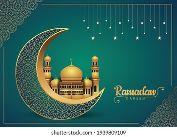Crescent Islamic with mosque for Ramadan Kareem and eid mubarak. Golden Half Moon pattern,background.vector illustration	