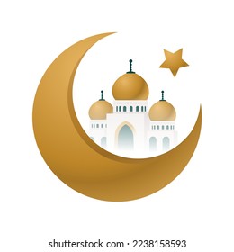 Creciente Islam con mezquita para Ramadan Kareem y eid mubarak. Media Luna de Oro sobre un fondo blanco. Ilustración del vector