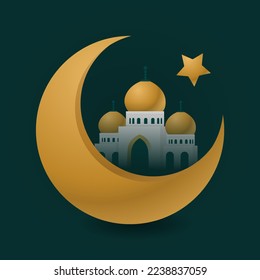 Crescent Islamic with mosque for Ramadan Kareem and eid mubarak. Golden Half Moon on a dark green background. Vector illustration