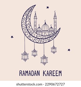 Crescent islamic with mosque for Ramadan Kareem and eid mubarak. Half moon and lanterns pattern in doodle style. Vector