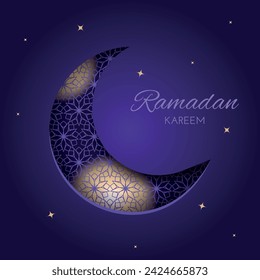 Crescent Islamic with stars for Eid Mubarak. Ramadan card, banner, flyer. Half Moon on dark purple background. Vector illustration design
