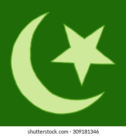 Crescent Islamic symbol. Doodle style. hand drawn image of moon with star.