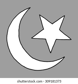 Crescent Islamic symbol. Doodle style. hand drawn image of moon with star.