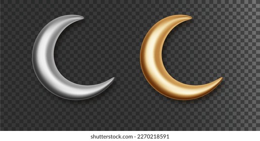 Crescent einzeln. Donnermonat 3d goldene und silberne dekorative Vektorelemente einzeln auf transparentem Hintergrund. Realistisches islamisches Symbol-Halbmond-Set