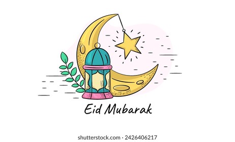 Crescent and Lantern Hand Drawn. Eid Mubarak Concept, Suitable For Greeting Cards, Posters and Background