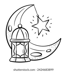 Icono dibujado a mano de Crescent y Lantern. Contorno Doodle Colecciones de iconos islámicos