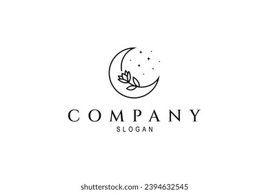 Crescent line art illustration logo design with roses and stars