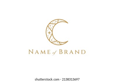 Crescent line art logo design with star sprinkles inside.