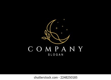 Crescent logo with decorated leaves and stars in luxury gold color with linear design style
