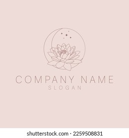 Crescent and lotus logo design. Luxury bohemian logo template. An astrology mystic moon and lotus logotype.