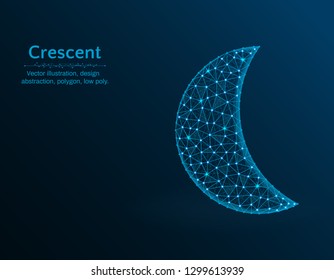 Crescent low poly vector illustration, polygon icon on blue background, abstract vector illustration made from points and lines