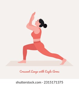 Crescent Lunge mit Adler Arms Pose. Junge Frau, die Yoga-Pose praktiziert. Fitness, Aerobic und Übungen für Frauen im Trainingsprogramm