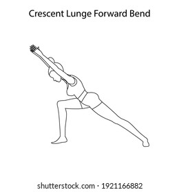 Crescent lunge forward bend pose yoga workout outline on the white background. Vector illustration